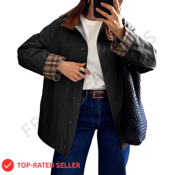 Women's Trench Coat Oversized Leather Collar Plaid Windproof Overcoat